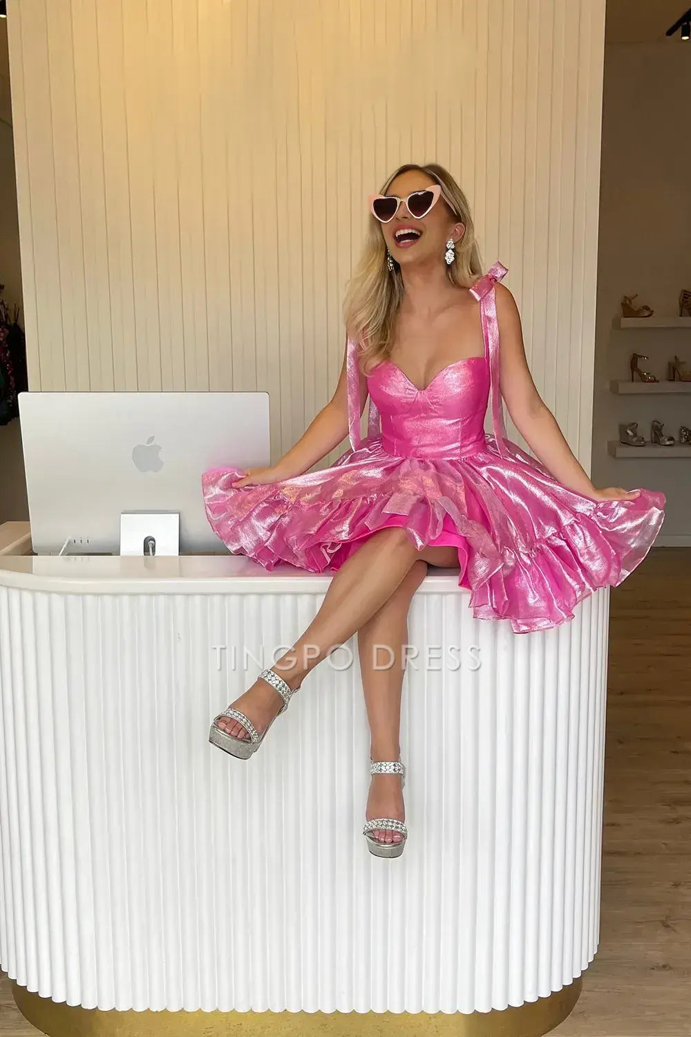TingPo Wholesale Elegant Cute Barbie Style A-Line Tie Straps Short Organza Homecoming Dress formal wear dresses